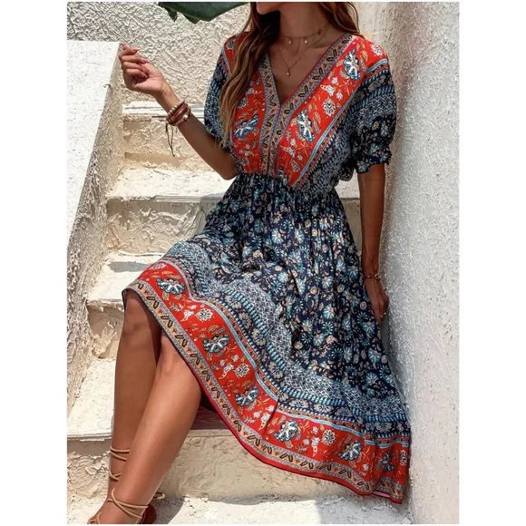Boho Floral Paisley Print High Low Midi Dress - Picture 4 of 5